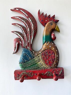 Vintage Balinese Rooster folk art key holder wall decor